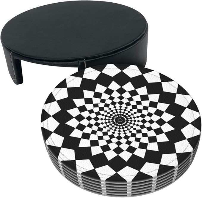 Drink Coasters with Holder Stand Set of 6, Mandala Chessboard Pu Leather - Image 9