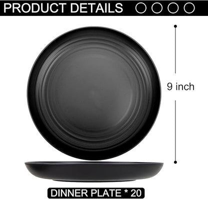 LIYH 20 Pcs Wheat Straw Black Plastic Plates - 9 Inch Unbreakable Dinner Plate Reusable, Dishwasher & Microwave Safe, Camping Outdoor Plates