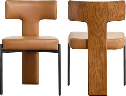 Brown Dining Chairs Set of 2,Faux Leather Dining Chairs with Soft Cushion,Comfortable Upholstered Armless Dining Room Chairs with Curved Plywood Back