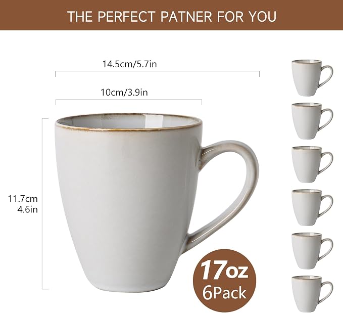 MONITO 17oz Ceramic Coffee Mugs Set of 6, Vintage White Mugs - Image 2