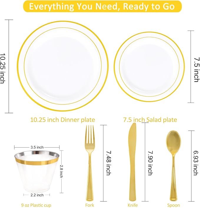 WELLIFE 350-Piece Gold Disposable Plates and Cutlery Set - Image 2