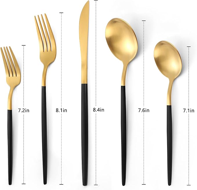 VANVRO Matte Black Gold Silverware Set, 40-Piece Stainless Steel Flatware Set - Image 2
