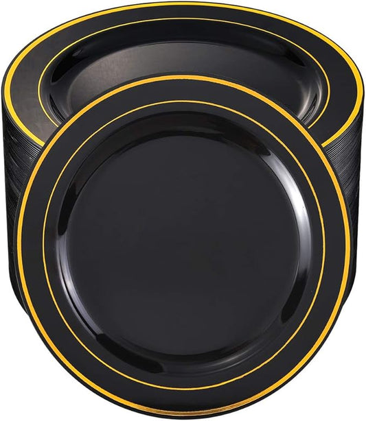 bUCLA 100 Pieces Black and Gold Plastic Dinner Plates - 10.25 inch Black Disposable Plates with Gold Rim - Ideal for Party, Graduation & New Year