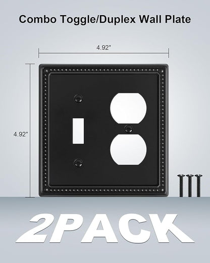 2-Pack Combo Toggle/Duplex Light Switch Cover Plate, Black Metal Wall Outlet Cover Plate, Decorative Beaded Wall Socket Receptacle Cover for Electrical Outlets, Light Switch