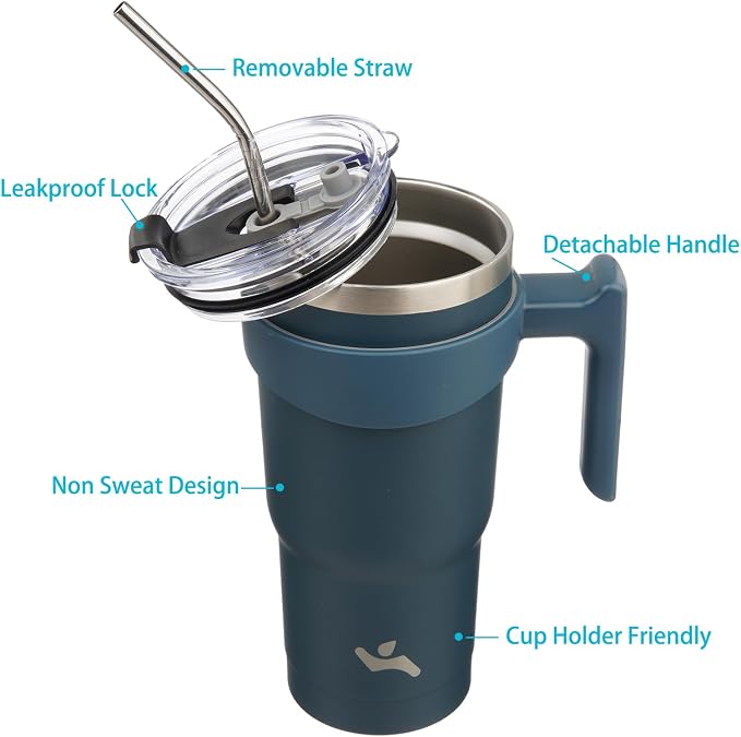 Konokyo 20 oz Tumbler with Handle and Straw, Insulated Travel Mug | Navy Blue; - Image 2