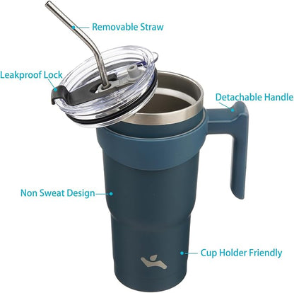Konokyo 20 oz Tumbler with Handle and Straw, Insulated Travel Mug | Navy Blue; - Image 2