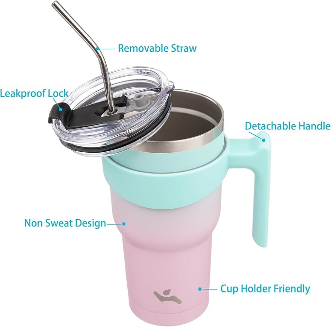 Konokyo 40 oz Tumbler with Handle and Straw, Insulated Travel Mug | Gum; - Image 2