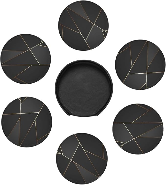 6 Pcs Black Gold Trim Pattern Leather Coasters - Image 7