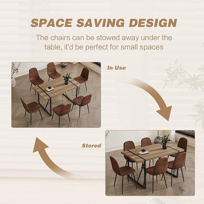 6 Chair Dining Table Set，Dinner Table Set for 6, 55'' Kitchen Table and Suede Nap Fabic Chairs Set of 6, 7 Piece Dining Table Set for Kitchen Dining Room