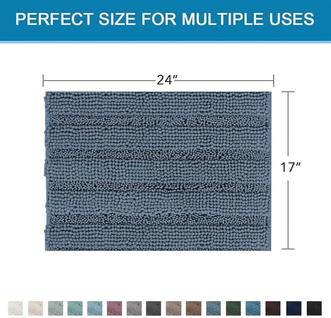 H.VERSAILTEX Bath Mats for Bathroom Non Slip Thick Chenille Striped Bath Rug Absorbent Fluffy Soft Shaggy Rugs Washable Dry Fast Plush Mats for Indoor, Bath Room, Tub - 17" x 24", Blue Indigo
