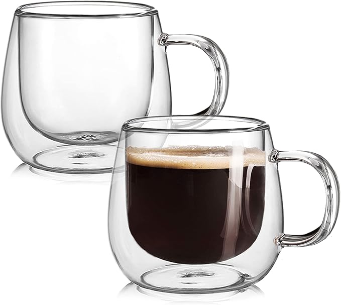 Double Wall Glass Coffee Mugs 16oz Set of 2 Insulated Clear Tea Cups by BNUNWISH