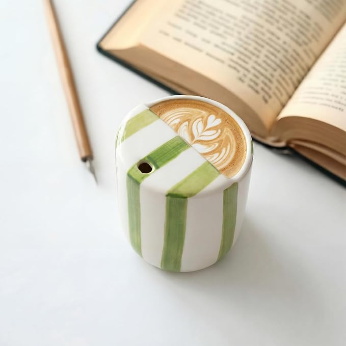 Ceramic Mug with Sip Hole 10 oz Novelty Green Striped Ceramic Coffee Mug Hand - Image 7