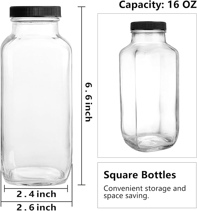 GUANENA 12 Pack Glass Drink Bottles, 16 OZ Vintage Square Water Bottles - Image 2