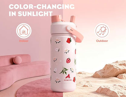 18 oz Kids Water Bottle: UV-Activated, 2-in-1 Straw Spout Lid, Easy Carry - Image 2