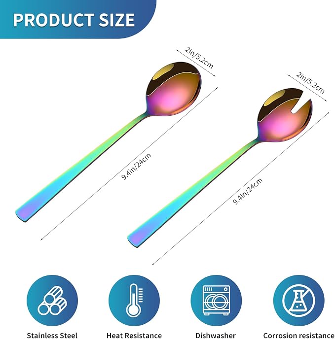 Colorful Rainbow Salad Serving Utensils Set of 2, 9.4 Inch Long Salad Serving - Image 2