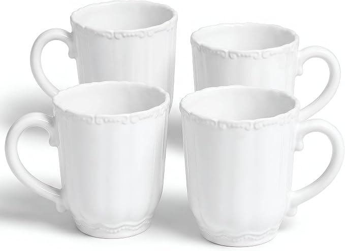 SANGO Bethany White Mugs Set of 4, 15 oz Stoneware White Coffee Mugs, Vibrant by Sango