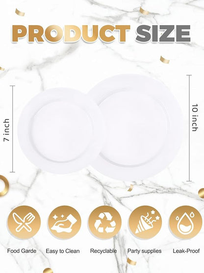 WDF 200pcs White Plastic Plates Disposable - Heavy Duty Plastic Plates for Party - Include 100 x 10 Dinner Plate and 100 x 7 Dessert/Cake Plate - Ideal for Weddings/Parties/Events