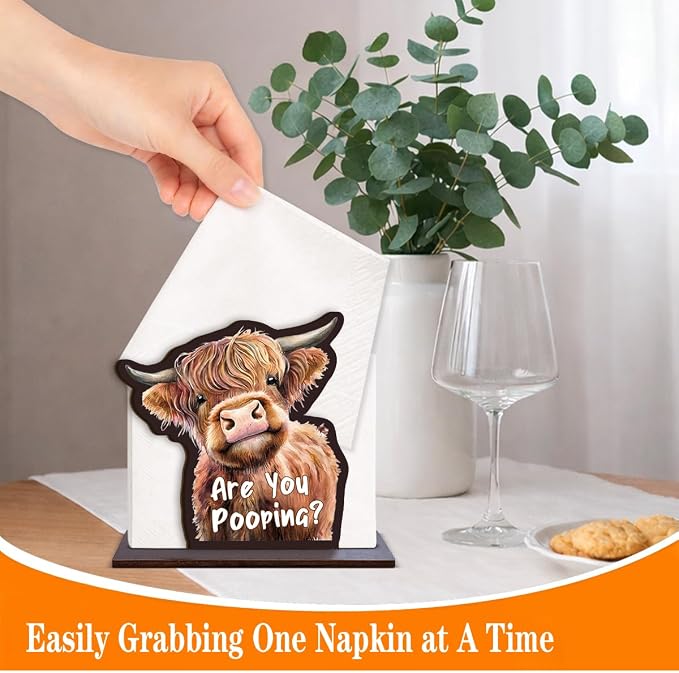 Cute Wooden Napkin Holder Highland Cow Design Farmhouse Cow Are You Pooping - Image 3