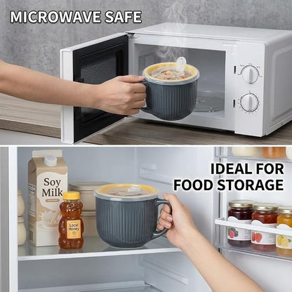 Ceramic Soup Bowl with Handle & Lid, Large 32oz Microwave Ramen Bowl Gray | - Image 6