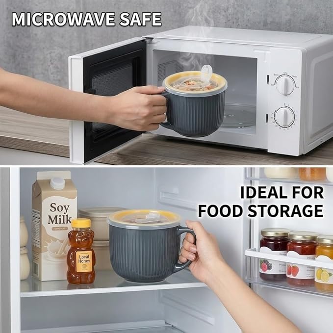 Ceramic Soup Bowl with Handle & Lid, 32oz Microwave Ramen Bowl Set of 2 | Gray - Image 4