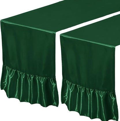 2 Pack Dark Green Satin Table Runner 12 x 108 Inch | Ruffle Design, Luxurious - Image 7