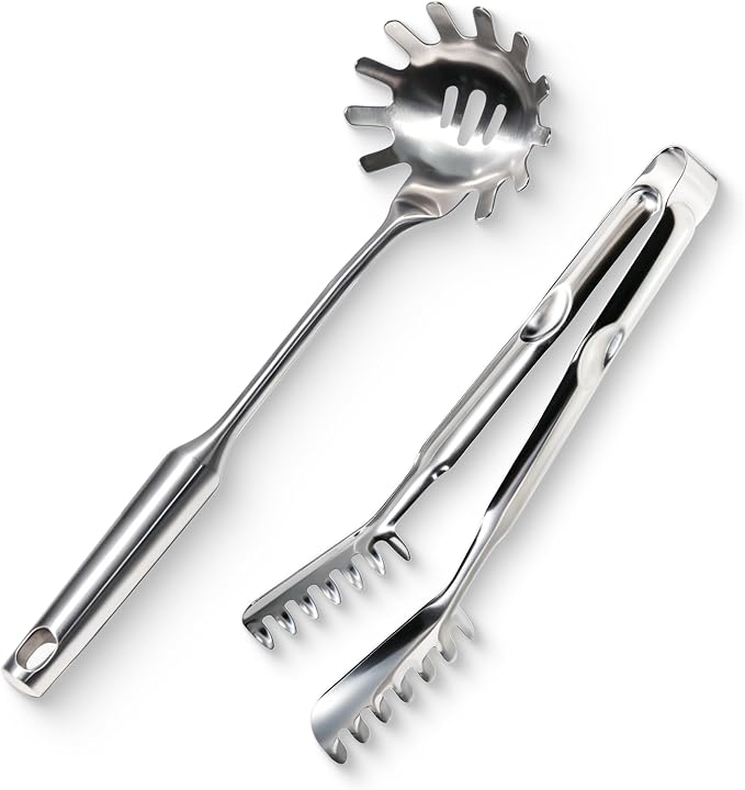 Spaghetti Spoon & Pasta Tongs Set, 2-Piece Stainless Steel Pasta Server | by Unknown