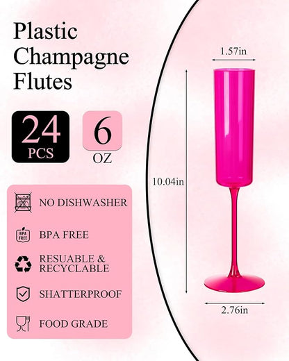 Ciaell 24 Pack Hot Pink Plastic Champagne Flutes - Image 2