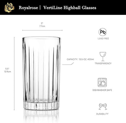 Royalrose Premium VertiLine 13.5oz Highball Glasses, 6pc Tall Glass Sets. Lead-Free Crystal Drinking Glasses. Water Glasses, Mojito Glass Cups, and Mixed Drink Cocktail Glass Set. (Tall glasses)