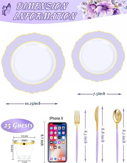 WDF 150Pcs Purple Plates Disposable - Baroque Lavender Purple and Gold Plates - 25Guest Plastic Dinnerware Ideal for Party/Spring/Picnic