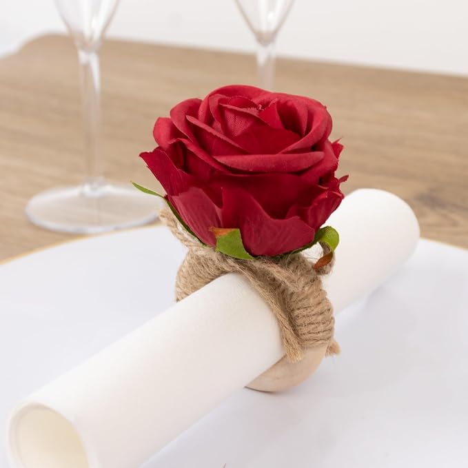 Efavormart 4 Pack Red Silk Rose Flower Wooden Napkin Rings, Rustic Boho Chic - Image 3