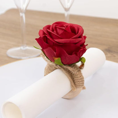 Efavormart 4 Pack Red Silk Rose Flower Wooden Napkin Rings, Rustic Boho Chic - Image 3