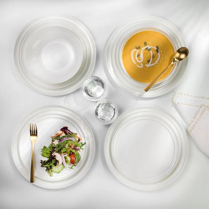 Lafayette St. Fine Bone China 12 Piece Dinnerware Set, Service For 4; Elegant Lightweight Ivory White Plates & Bowls with a Gloss Finish; Microwave & Dishwasher Safe