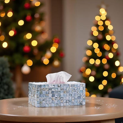 PEMAR Rectangular Mother of Pearl Tissue Box Capiz Shell Handmade Rectangle Tissue Box Cover Holder Decorative Napkin Dispenser Organizer Rustic Farmhouse Vintage Decor (Blue)
