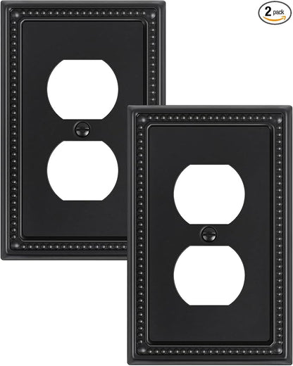 2-Pack Duplex Outlet Cover, Black Metal Wall Plates for Electrical Outlets, 1 Gang Receptacle Light Switch Cover, Pearls Beaded Decorative Switch Plates and Outlet Covers