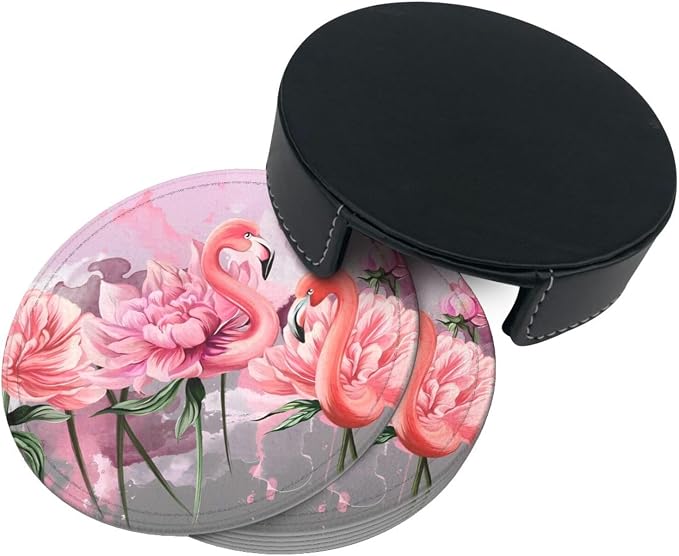 6 Pcs Pink Cute Flamingo Modern Art Boho Leather Coasters - Image 4