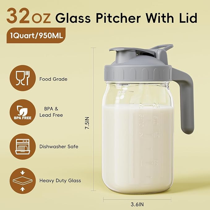 Breast Milk Pitcher, 32 oz Wide Mouth Glass Mason Jar | Dual Leak-Proof Lid - Image 2