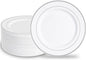 N9R 100PCS Silver Plastic Plates, 10.25 inch White Disposable Dinner Plate with Silver Rim, Heavy Duty Plates for Party, Wedding and Birthday