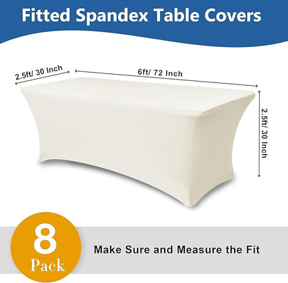 Spandex Table Cloths for 6 Foot Rectangle Tables-8 Pack Fitted Stretch Cream Table Covers-Elastic Folding Tablecloths for Party, Vendor Booth Display, Banquet Buffet Event, Craft Trade Show