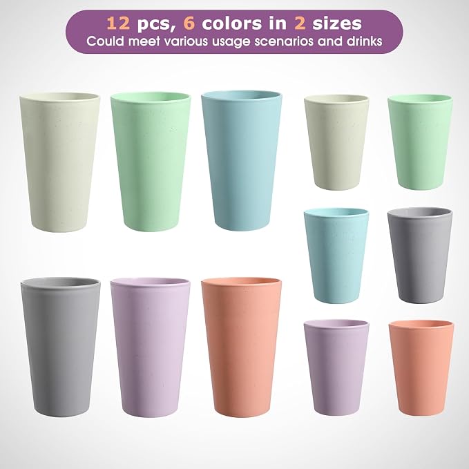 HEYCOME Set of 12 Wheat Straw Cups, Reusable Plastic Cups Sets, Water Glasses - Image 3