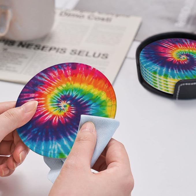 6 Pcs Colorful Rainbow Tie Dye Leather Coasters - Image 6