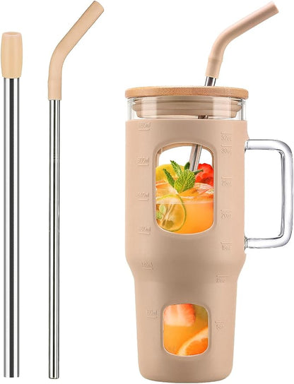 WINSA Glass Tumbler with Lid, 32 oz Glass Cup with Handle, Glass Water Bottles by WINSA