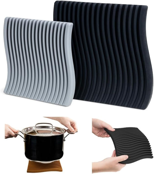 Premium Silicone Trivet Set, Freestanding Bendable Design, Kitchen Decor - Durable & Stylish Heat-Resistant Countertop Protector (Monochrome, Set, Wave)