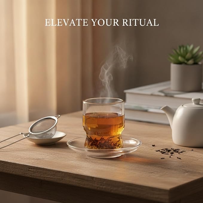 Layered Glass Tumbler with Saucer, Handleless Clear Cup - Image 2