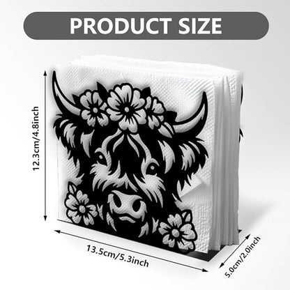 Highland Cow Decorative Black Metal Napkin Holder for Table, 5.3" x 4.8" x 2" Animal Flower Standing Napkin Holder for Home Kitchen Restaurant Picnic Party Coffee Bar Dining Room
