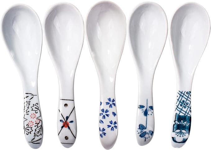 Japanese Style Ceramic Soup Spoons Set of 5, and Painted Porcelain Blue and by Cerficer
