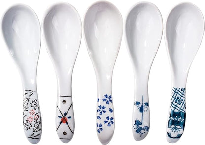 Japanese Style Ceramic Soup Spoons Set of 5, and Painted Porcelain Blue and by Cerficer