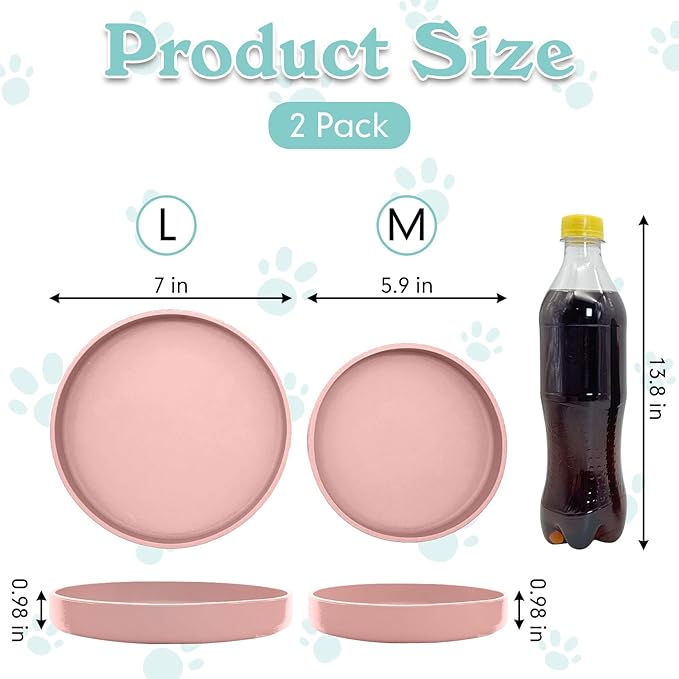 Silicone Dog Bowl Shallow Cat Food Bowls 7" Wide Puppy Plates Whisker Fatigue Pet Feeding Dishes Set of 2 for Dry Food and Wet Food Indoor (Round Pink)