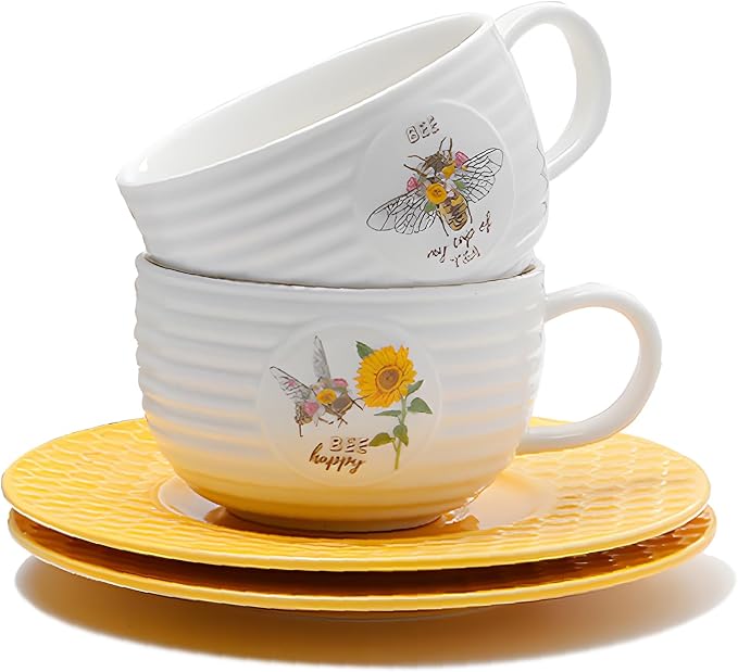 Porcelain Tea Cups and Saucers Set of 2, Honey Bee Pattern Ceramic Tea Cup by Unknown
