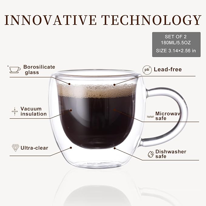 PARACITY Double Wall Glass Espresso Cups and Clear Coffee Mugs, Air-Gap Design - Image 7