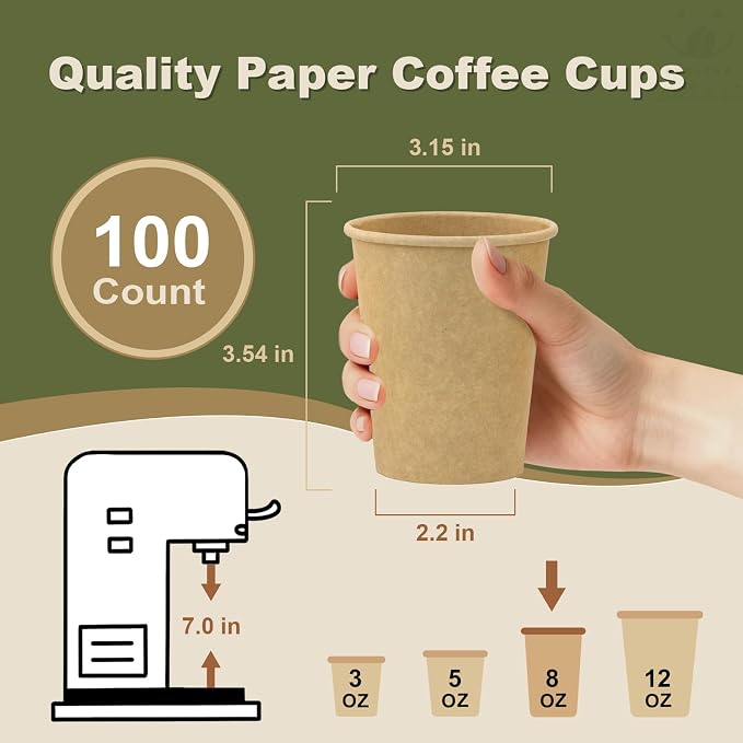 8 oz 100 Pack Disposable Coffee Cups, Bulk Brown Disposable Paper Cups - Image 3